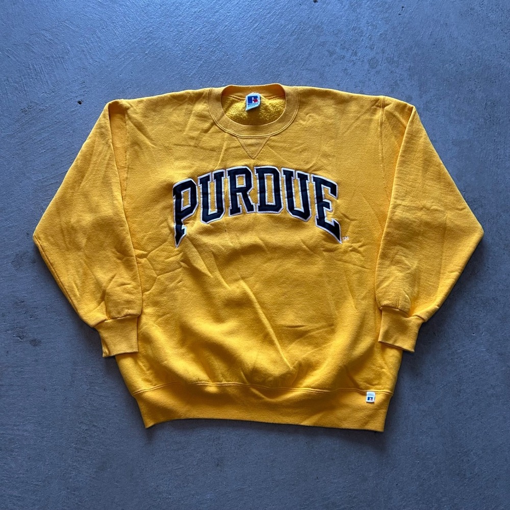 Vintage 90s Russell Athletic Purdue Sweatshirt Size XXL Yellow Crewneck USA Made